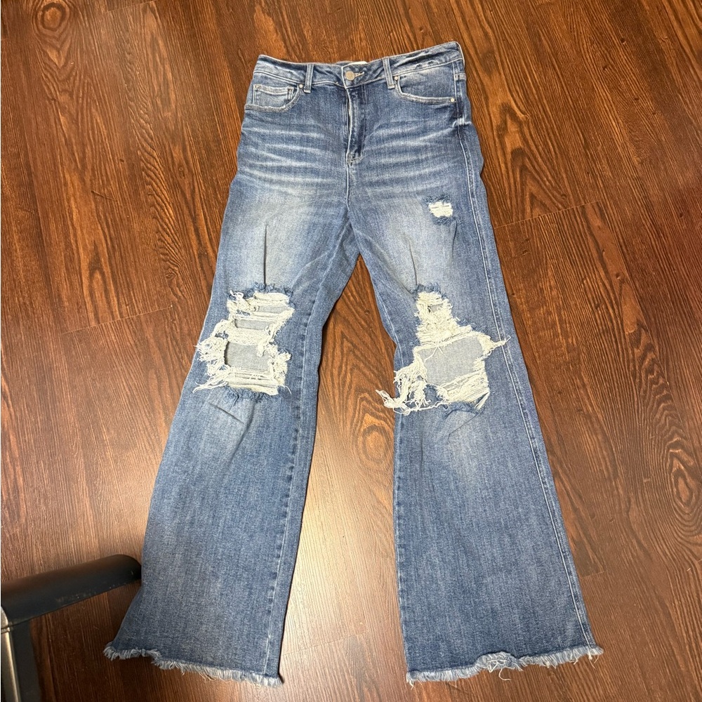 Trendy Distressed Flare Jeans in Classic Blue